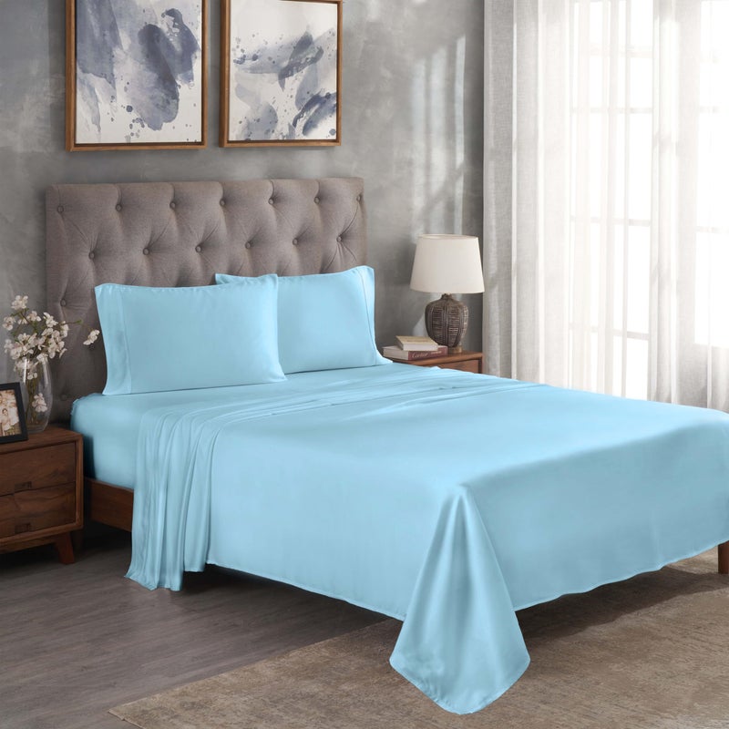 Superior Modal from Beechwood 300 Thread Bed Sheet Set  1 Elastic Deep Pocket Fitted Sheet  1 Flat Sheet  2 Pillowcases  Soft Cool Sheets  Sateen Weave  Bedding Essentials  King  Light Blue - Image 2